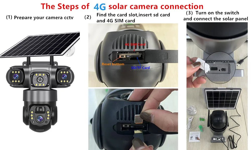 V380 Solar 4G IP Camera – 3x4MP 6K Ultra HD Triple Lens Outdoor Security Camera with Night Vision & Motion Detection - Carry Light