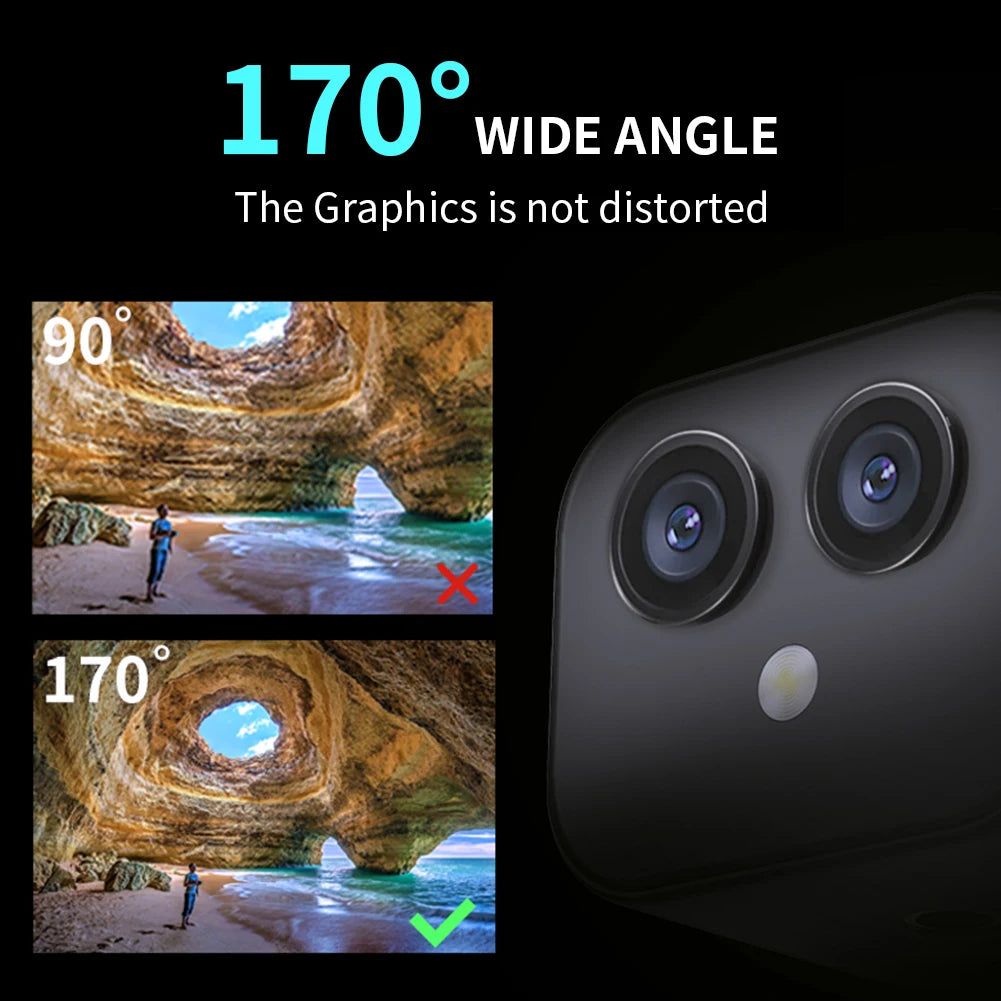 Phone with dual camera lenses and wide-angle view comparison on a black background