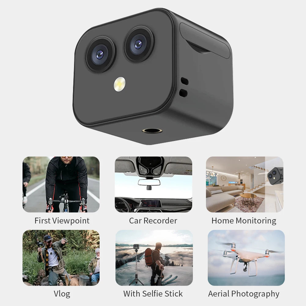 Black cube-shaped camera with various application scenarios on a white background