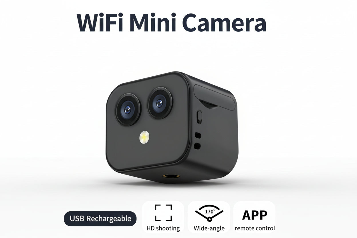 WiFi Mini Camera with features listed on a scenic background