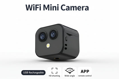 WiFi Mini Camera with features listed on a scenic background