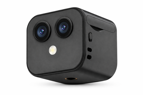 Black cube-shaped camera with two lenses on a white background