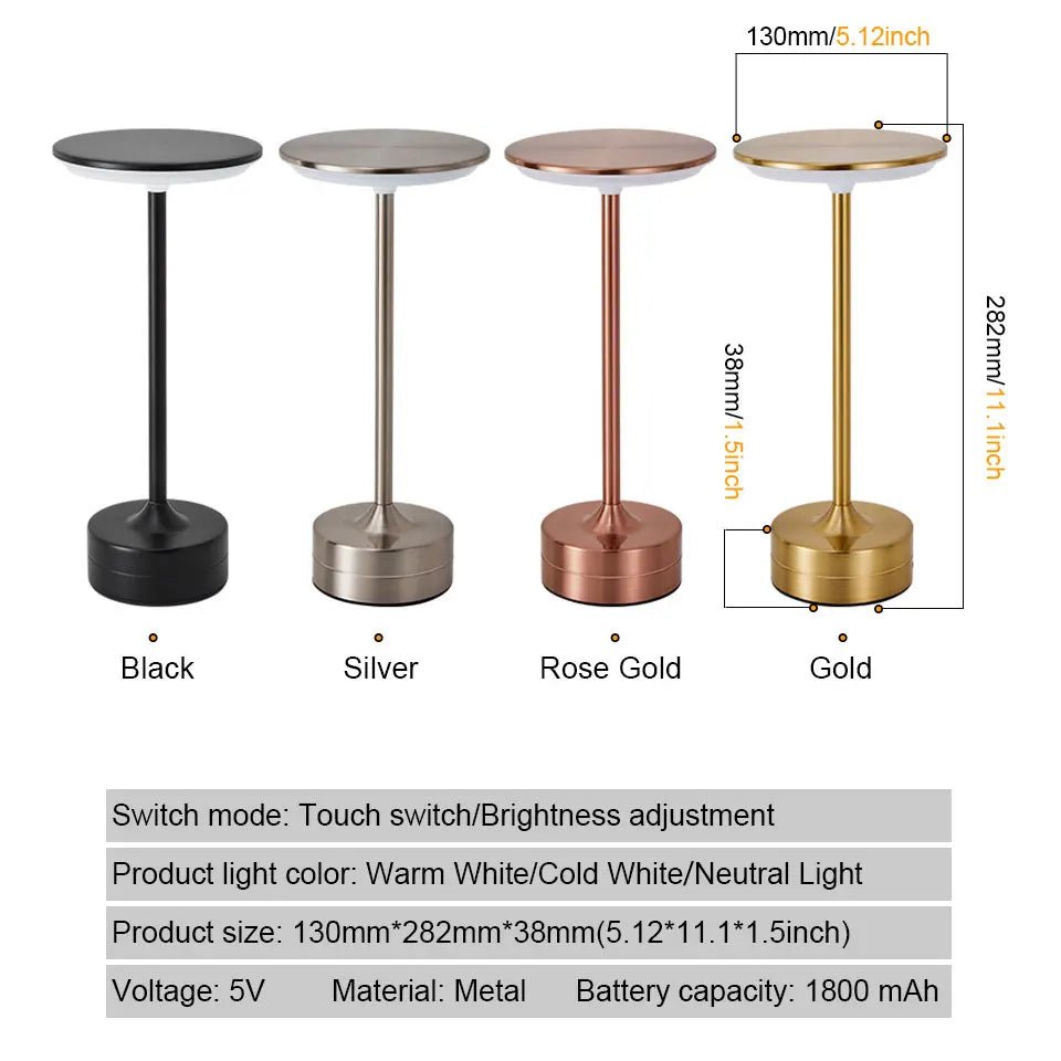 LED Metal Table Lamp – Touch Sensor, USB Rechargeable, Portable Night Light - Carry Light