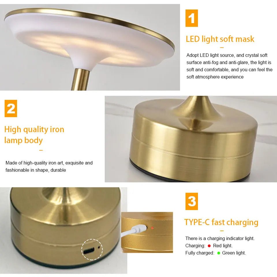 LED Metal Table Lamp – Touch Sensor, USB Rechargeable, Portable Night Light - Carry Light
