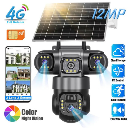 V380 Solar 4G IP Camera – 3x4MP 6K Ultra HD Triple Lens Outdoor Security Camera with Night Vision & Motion Detection - Carry Light
