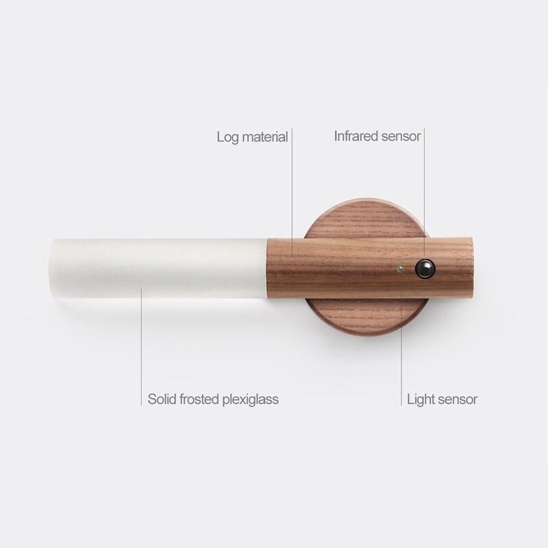 Light fixture with wooden and white components on a gray background