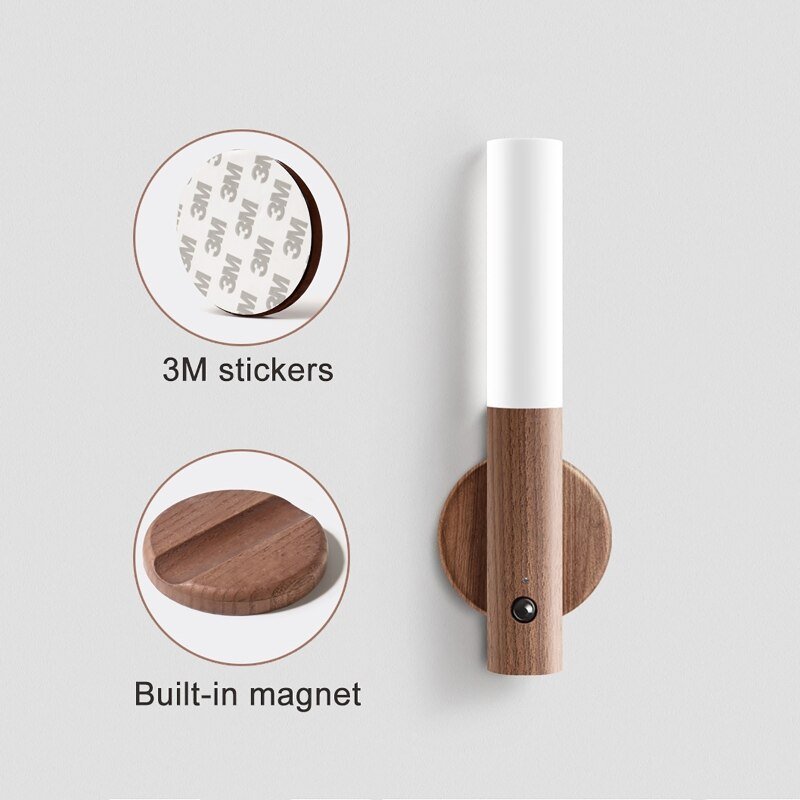 Wall-mounted light fixture with 3M stickers and a built-in magnet on a light gray background